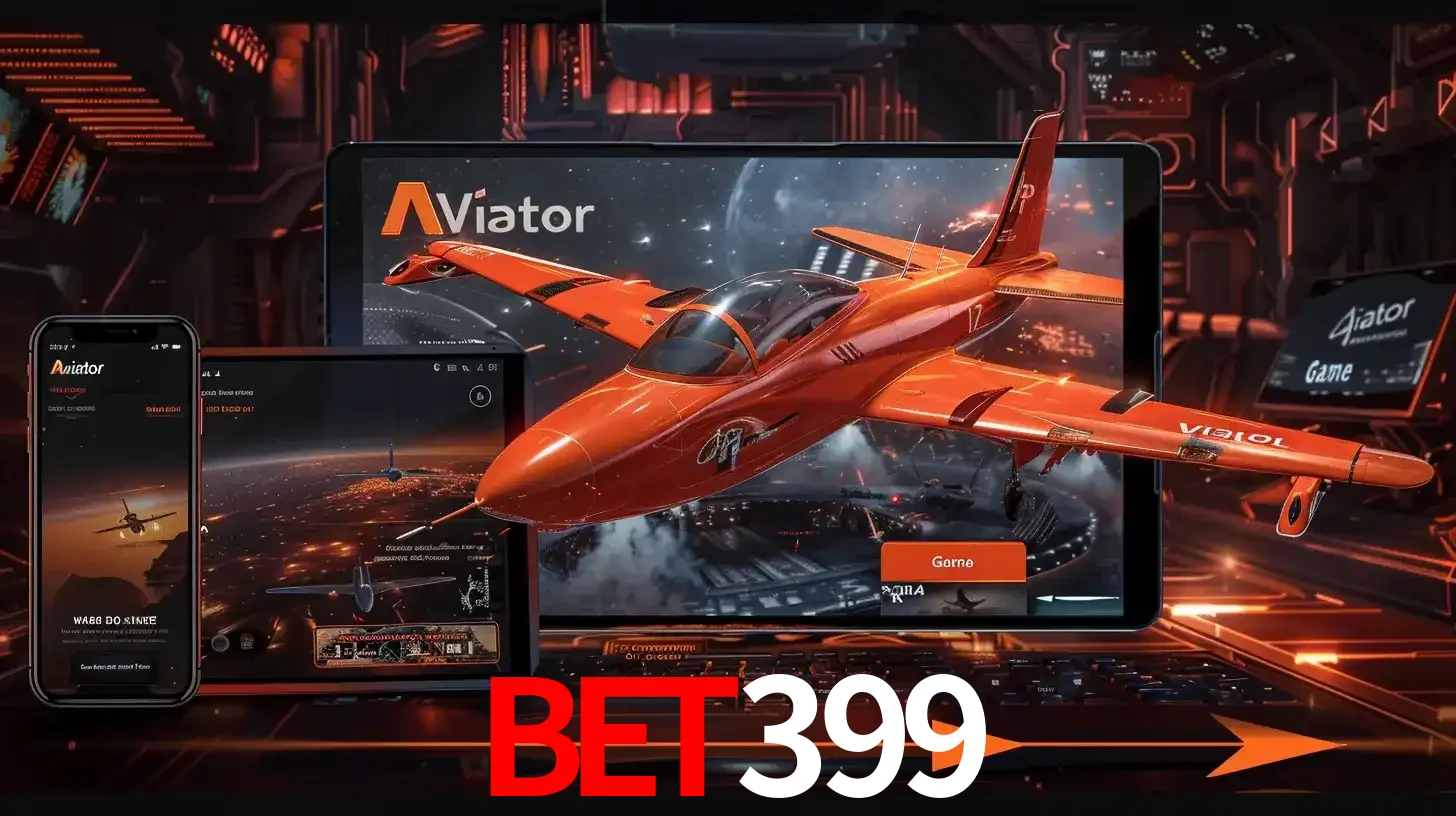 Apresentação tecnológica do jogo Aviator com um avião saindo da tela de um tablet, demonstrando a experiência imersiva em múltiplos dispositivos no bet399.
