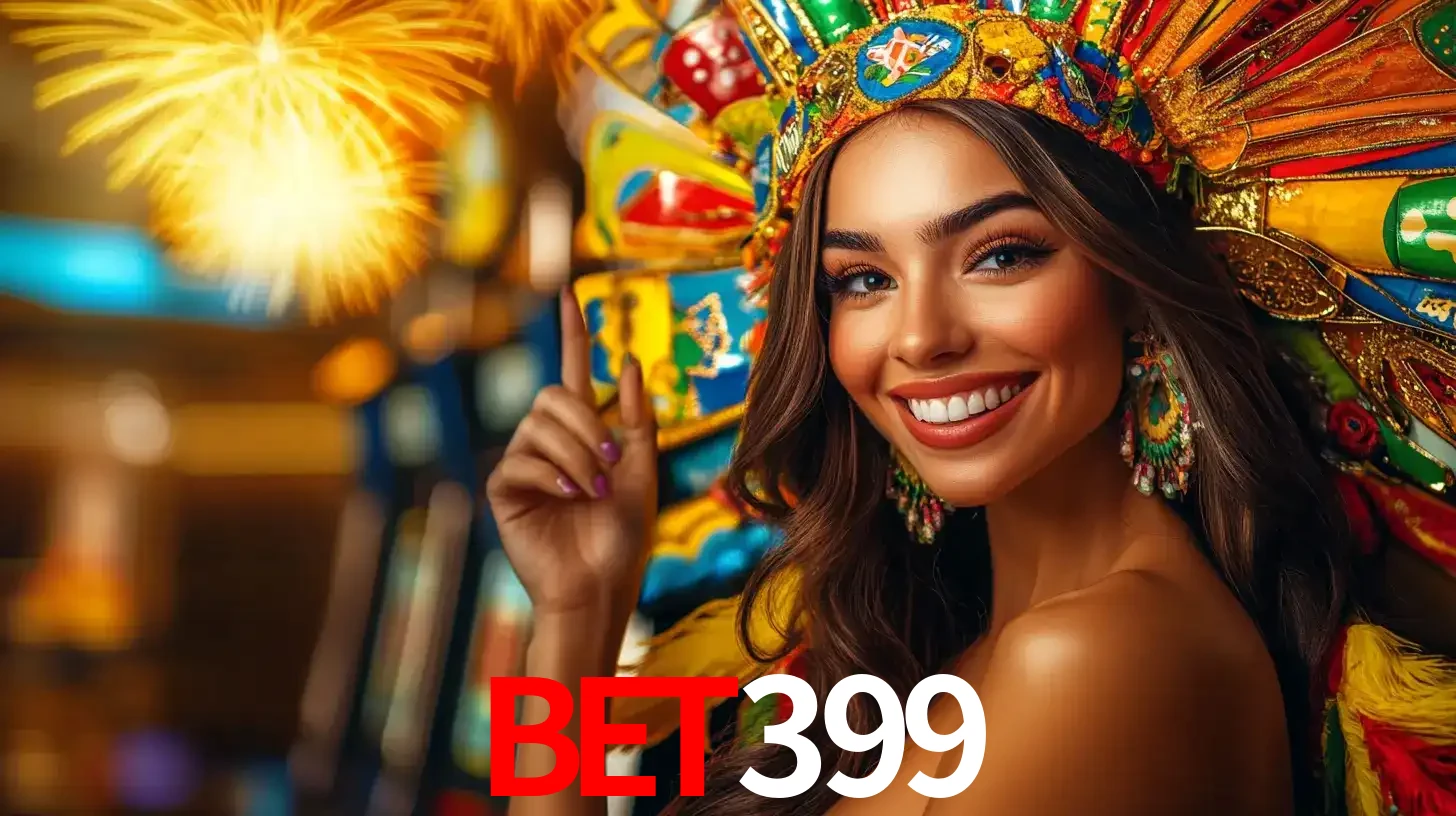 Mulher sorridente com um cocar de carnaval vibrante e colorido, celebrando uma grande vitória nos jogos do cassino bet399 com fogos de artifício ao fundo.