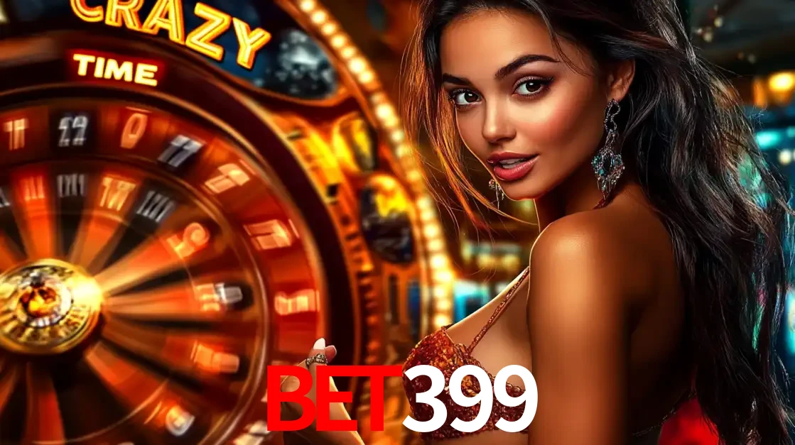Mulher ao lado da roda de prêmios do jogo de cassino ao vivo Crazy Time, um dos shows de jogos mais emocionantes oferecidos pela plataforma de apostas bet399.