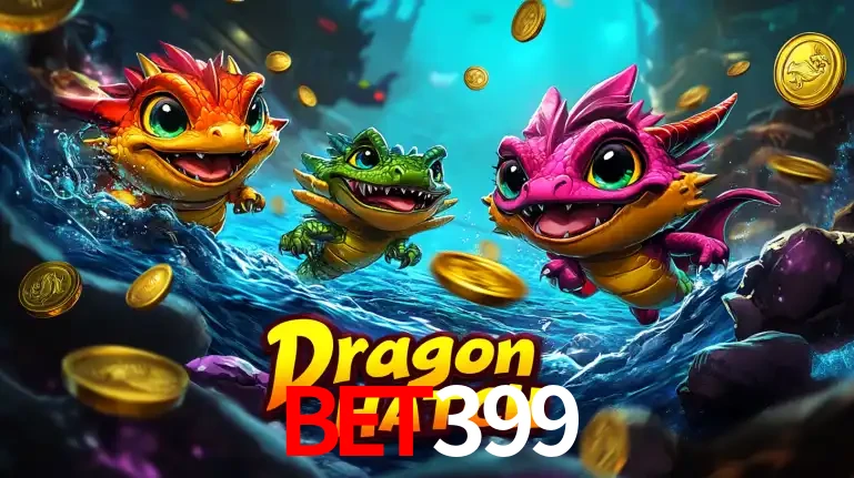 Arte promocional do jogo Dragon Hatch com três adoráveis dragões bebês nadando entre moedas de ouro, um dos slots mais divertidos para jogar no cassino bet399.