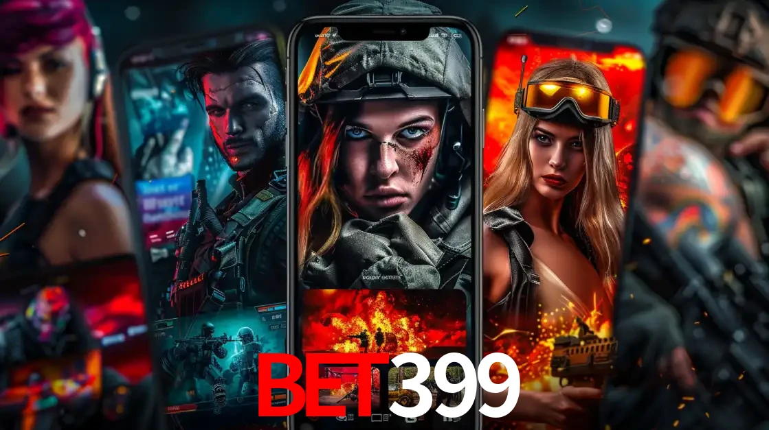 Montagem de telas de celular mostrando diversos personagens, masculinos e femininos, de um jogo de tiro, ilustrando a diversidade de equipes de e-sports para apostar no bet399.