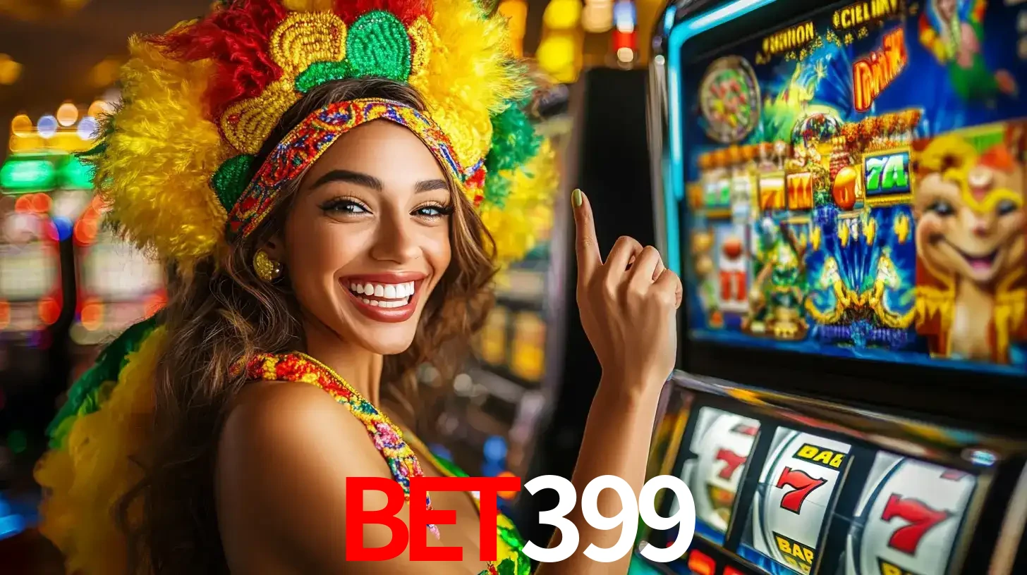 Mulher animada com um cocar de carnaval apontando para uma máquina de caça-níqueis, mostrando a emoção de ganhar um grande prêmio nos jogos do bet399.