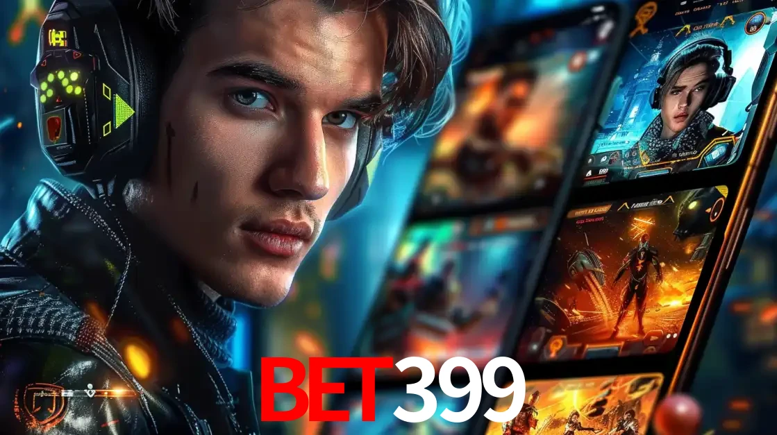 Jovem jogador com fones de ouvido olhando para a câmera, com um aplicativo de jogos e e-sports para celular ao fundo, pronto para a competição e apostas no bet399.