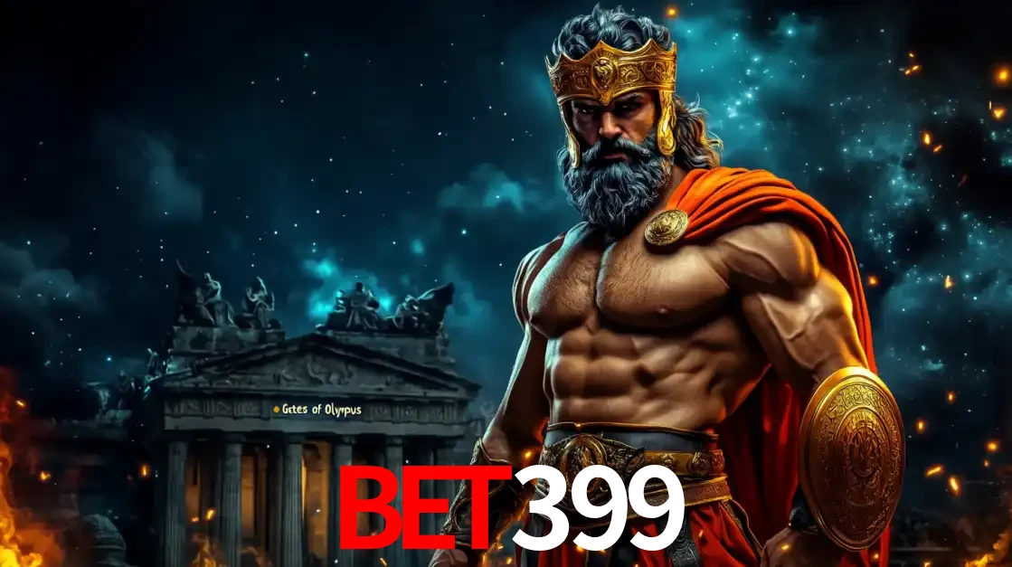 O poderoso Zeus do jogo de slot Gates of Olympus em frente ao seu templo, pronto para lançar multiplicadores divinos e prêmios épicos no cassino online bet399.