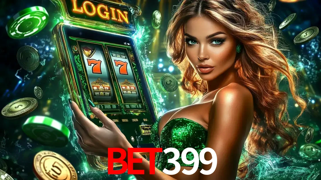 Mulher com tema verde apresentando o aplicativo do cassino bet399 com um jogo de slot de 777, cercada por fichas de cassino e uma aura de sorte.