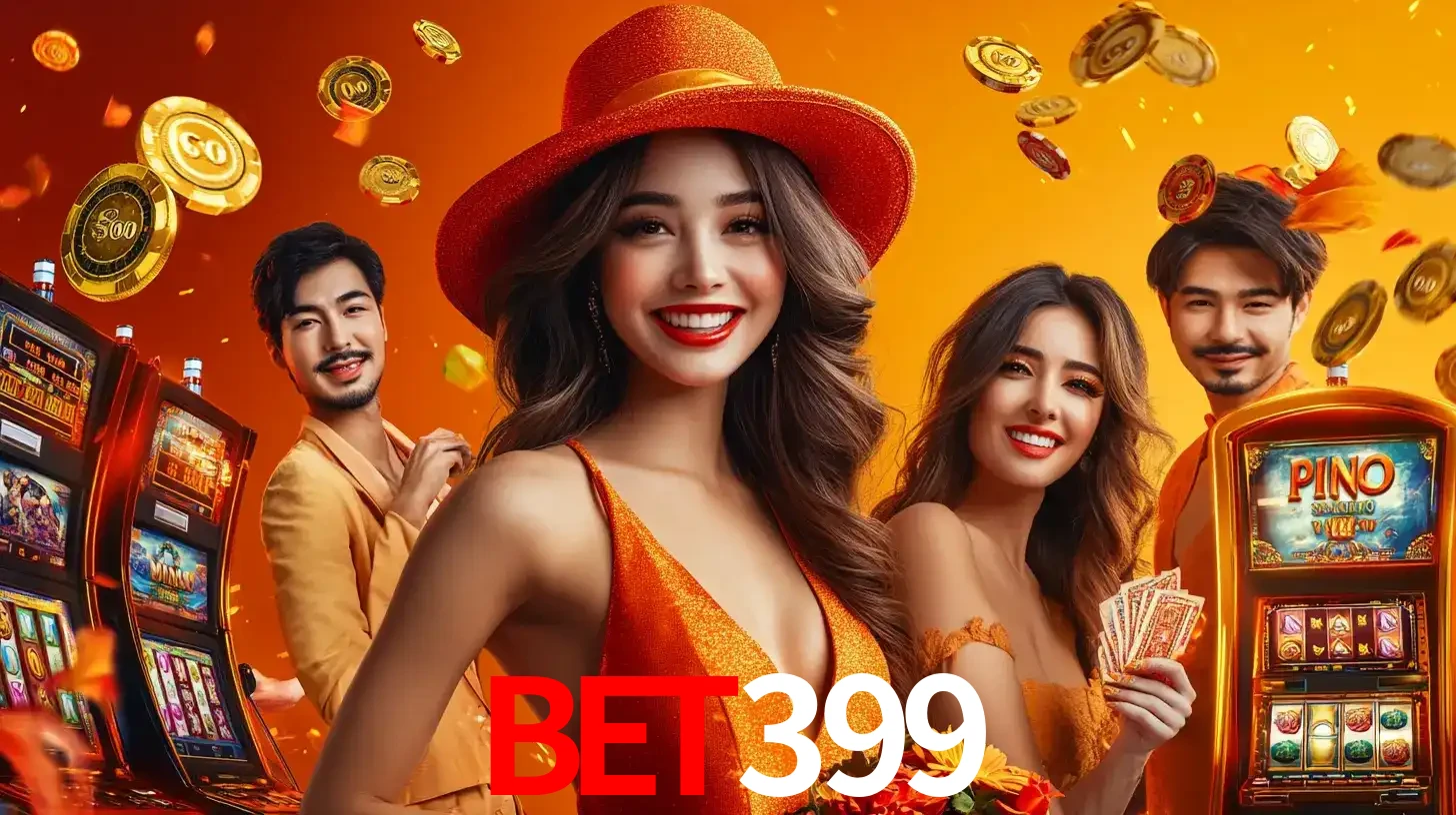 Grupo de amigos asiáticos sorrindo e se divertindo com máquinas de caça-níqueis em um ambiente festivo, celebrando suas vitórias nos jogos de cassino do bet399.