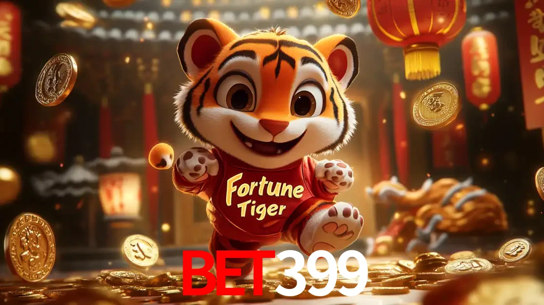O alegre personagem do Fortune Tiger correndo sobre um caminho de moedas de ouro, simbolizando os grandes prêmios e a diversão do popular jogo de slot do bet399.