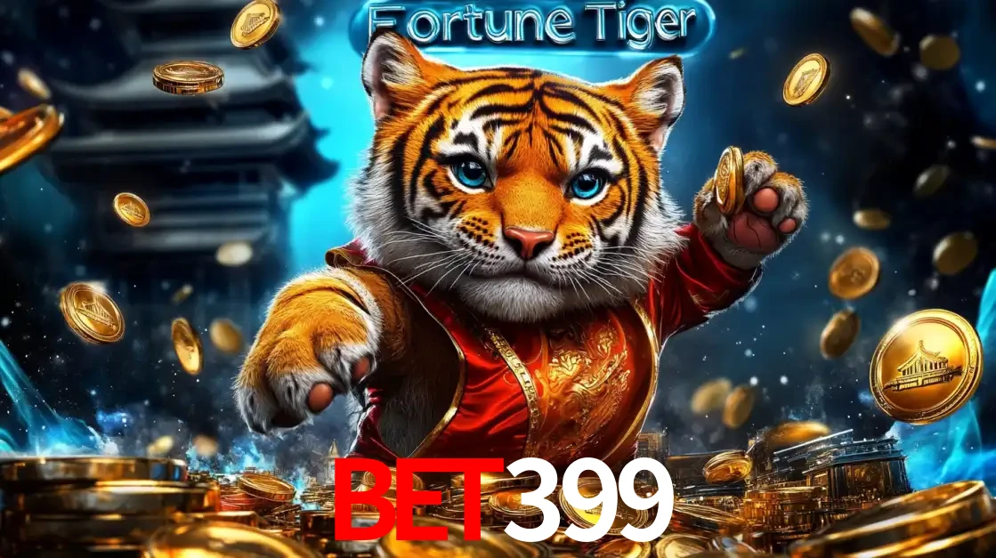 Imagem promocional do jogo de slot Fortune Tiger, com um tigre majestoso em traje tradicional cercado por uma fortuna em moedas de ouro, disponível agora no cassino bet399.