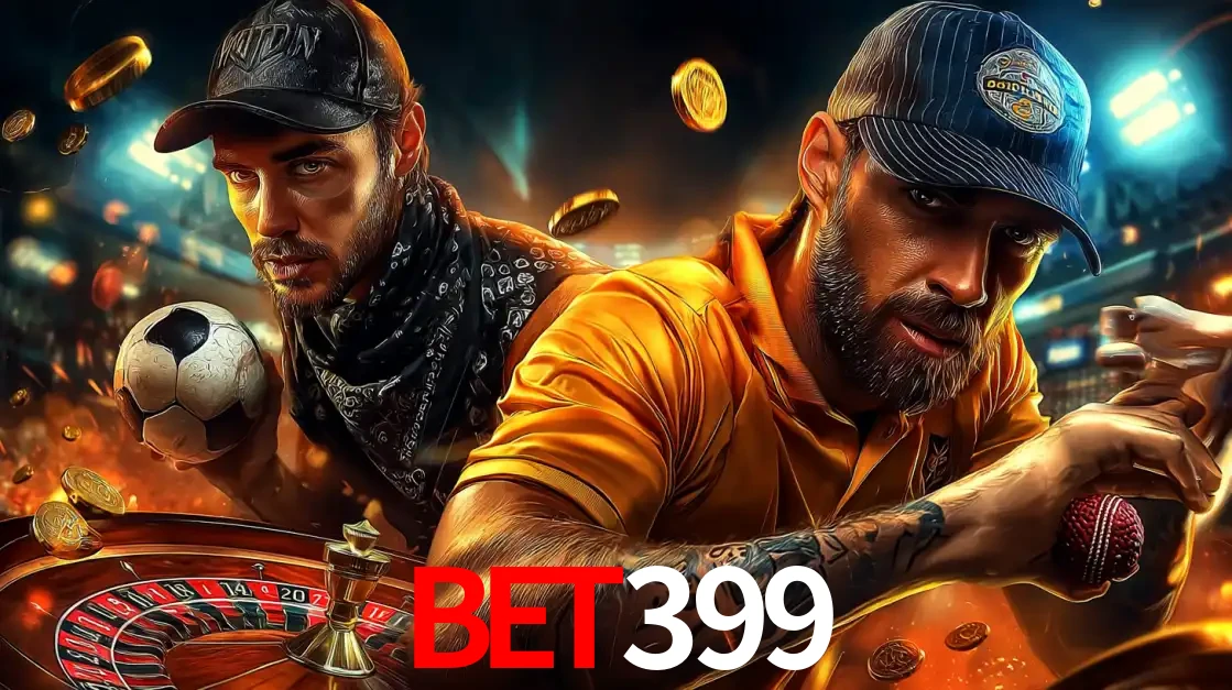 Montagem de apostas esportivas e cassino no bet399, com um homem segurando uma bola de futebol e outro uma de beisebol sobre uma roleta e moedas voadoras.