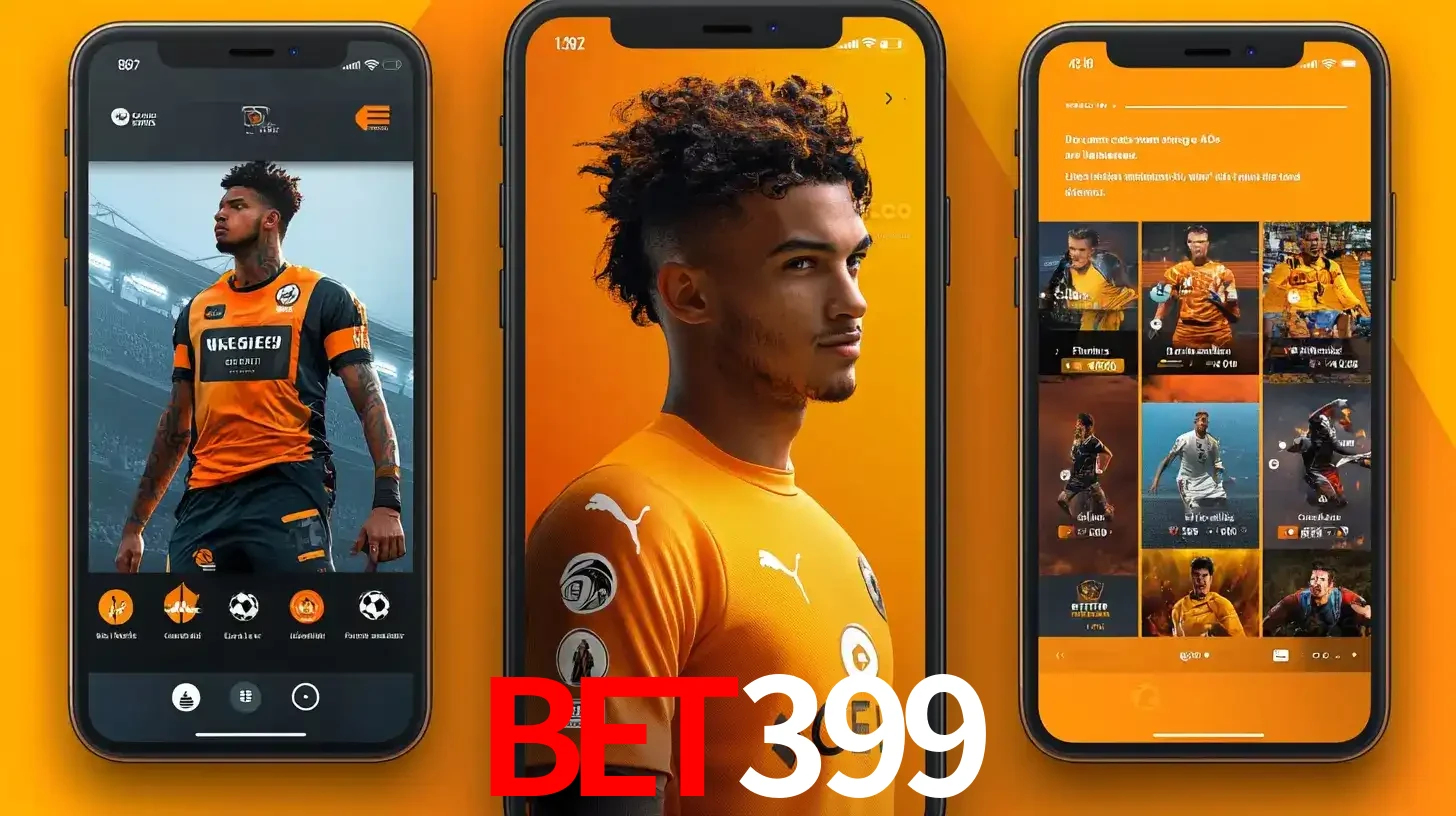 Interface do aplicativo de apostas esportivas bet399 em três telas de celular, mostrando o perfil de um jogador de futebol e a lista de jogos disponíveis para apostar.