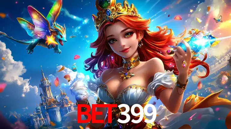 A princesa de um reino de fantasia mágico, com seu pequeno dragão, apresentando um mundo de prêmios encantados nos jogos de caça-níqueis do cassino bet399.