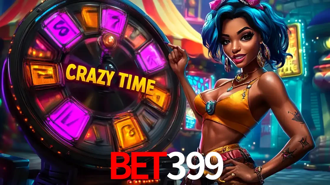 Mulher estilizada com cabelo azul e visual vibrante posando ao lado da roda de prêmios do game show Crazy Time, convidando para a diversão e os bônus do cassino bet399.
