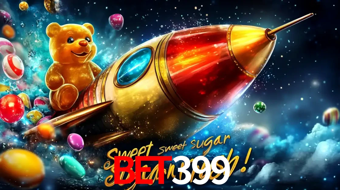 Arte promocional do jogo de slot Sugar Rush, com um urso de pelúcia em um foguete viajando pelo espaço de doces, um dos jogos divertidos disponíveis no cassino bet399.