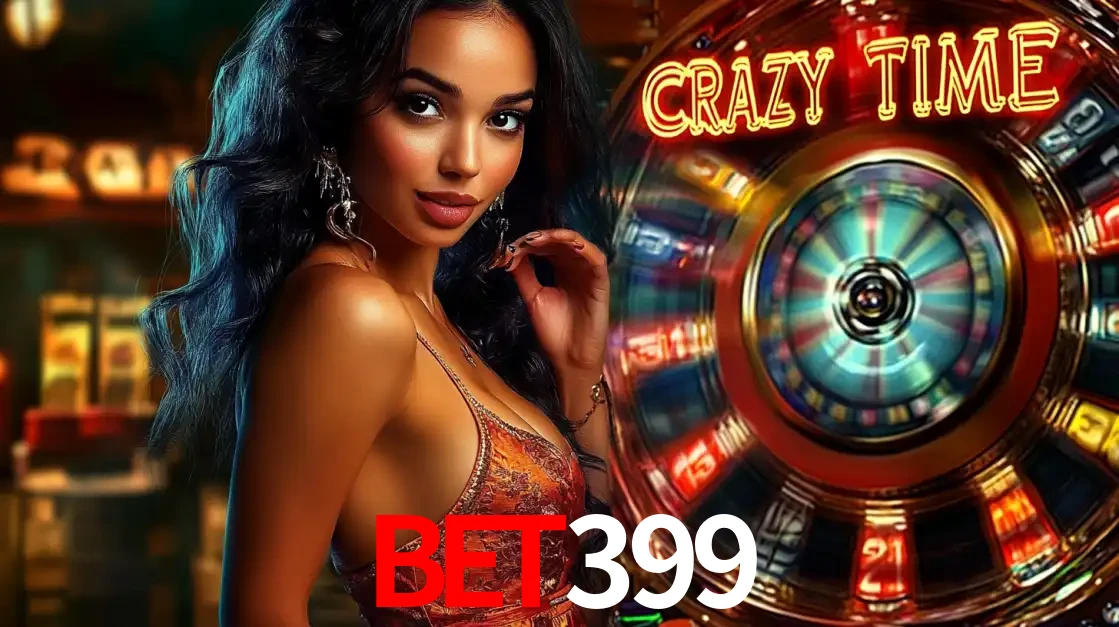 Mulher elegante ao lado da vibrante roda da fortuna do jogo de cassino ao vivo Crazy Time, um dos game shows mais populares e cheios de prêmios do bet399.