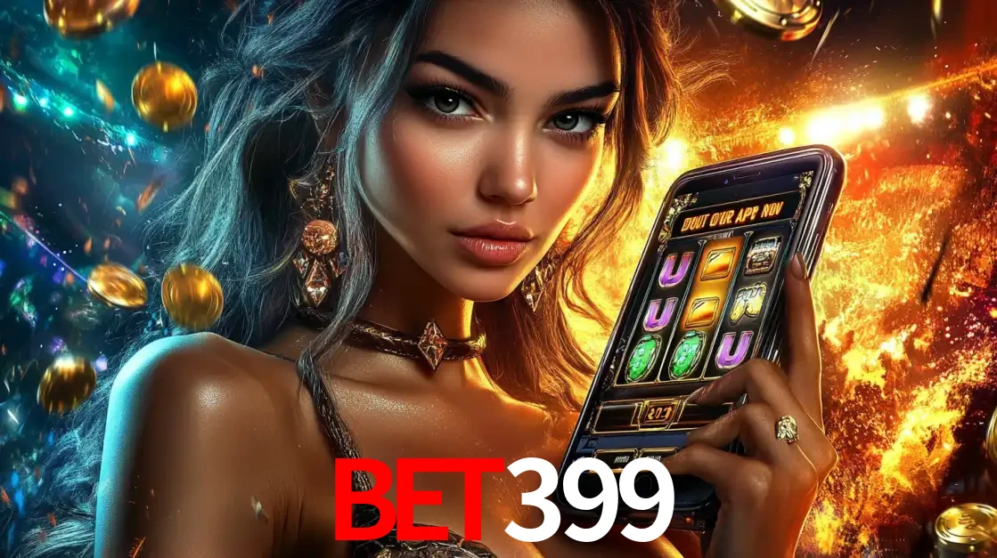 Mulher elegante mostrando um jogo de caça-níqueis em seu smartphone, destacando a experiência de cassino móvel oferecida pelo aplicativo bet399.