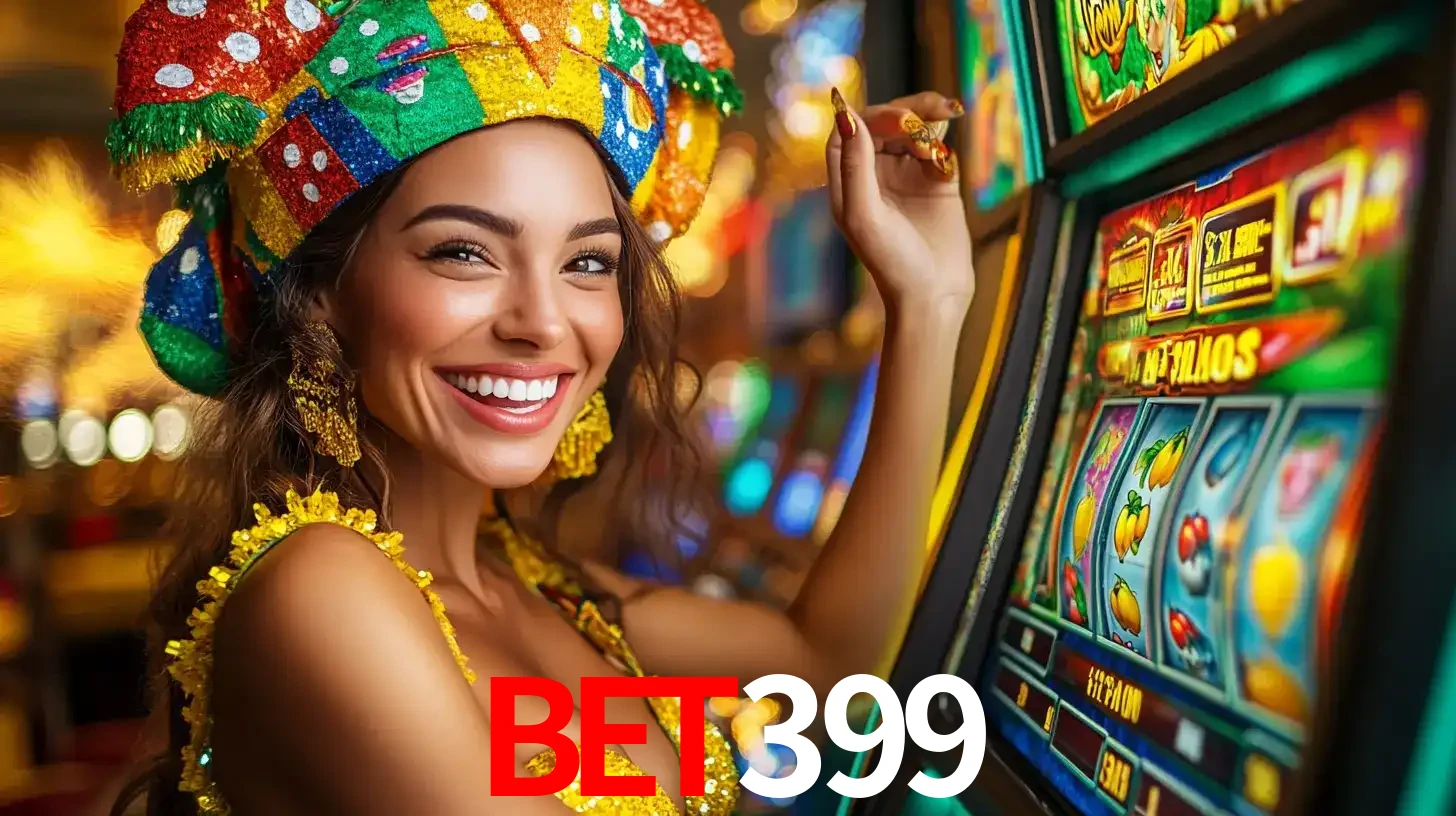 Mulher feliz com traje de carnaval amarelo e colorido ao lado de uma máquina de caça-níqueis, aproveitando a diversão e os jogos temáticos do cassino bet399.