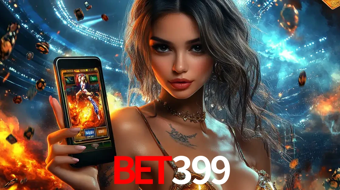 Mulher segurando um celular com um jogo de slot em destaque, tendo como fundo um estádio vibrante, simbolizando a emoção de jogar no cassino móvel bet399.