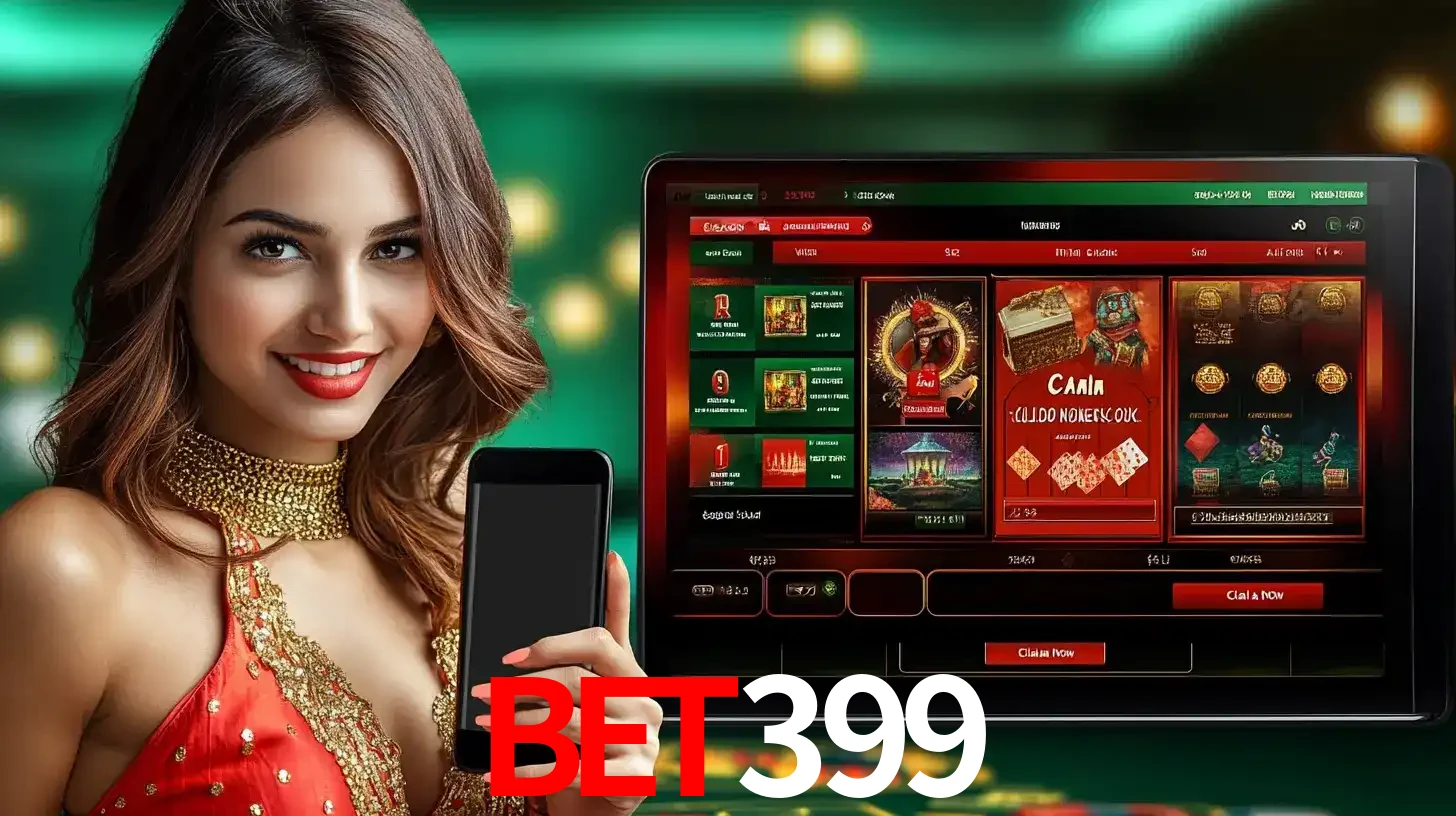 Mulher sorridente segurando um smartphone, ao lado de uma tela exibindo o lobby de jogos do cassino online bet399, com várias opções de jogos de cartas e slots.